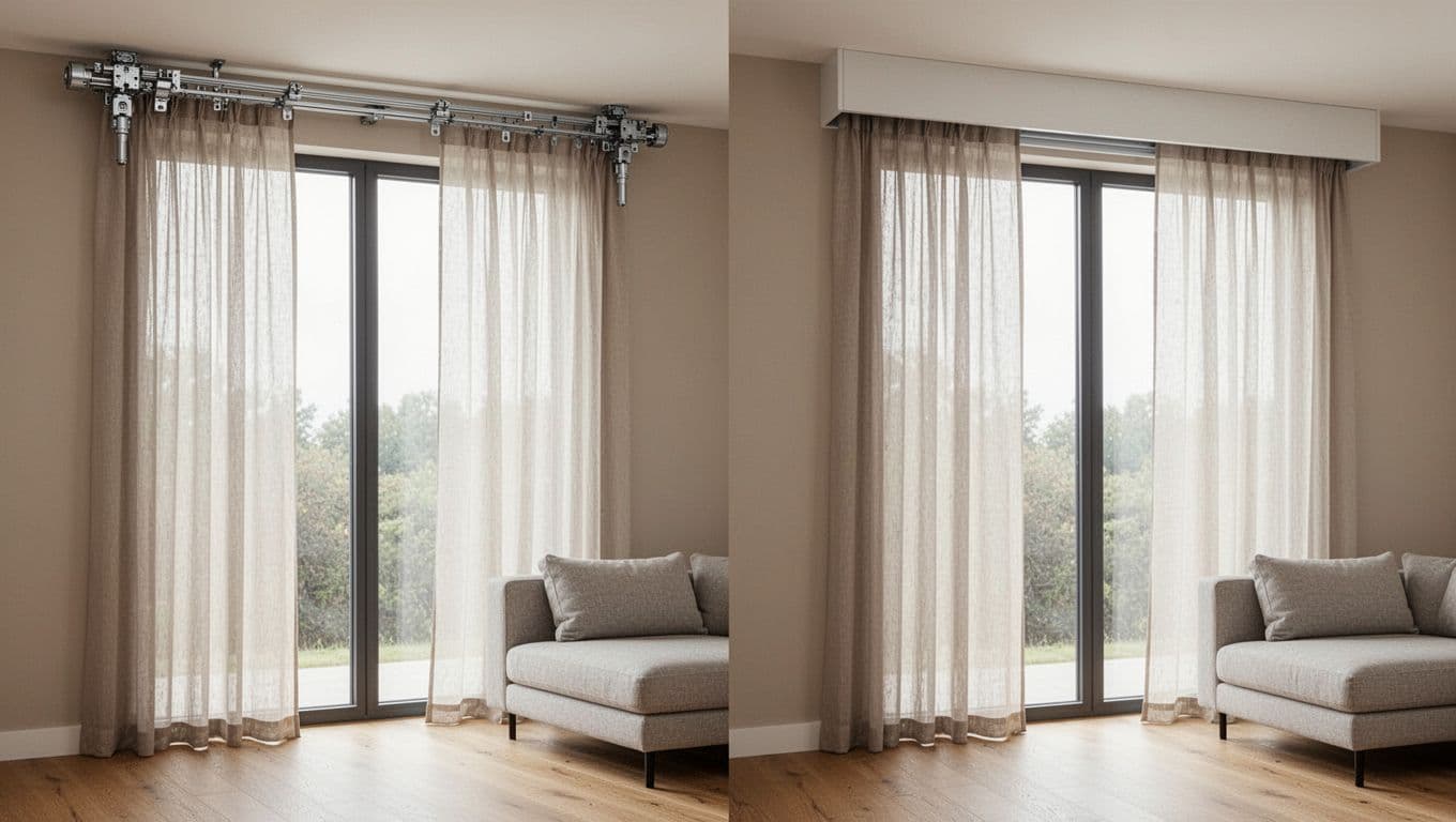 訂製窗簾想簡約?避開俗氣褶子的實用訣竅 A modern minimalist living room with floor-to-ceiling windows compares an exposed bulky metal curtain track on the left against a sleek recessed track on the right, featuring soft daylight, neutral tones, and crisp curtain pleats.