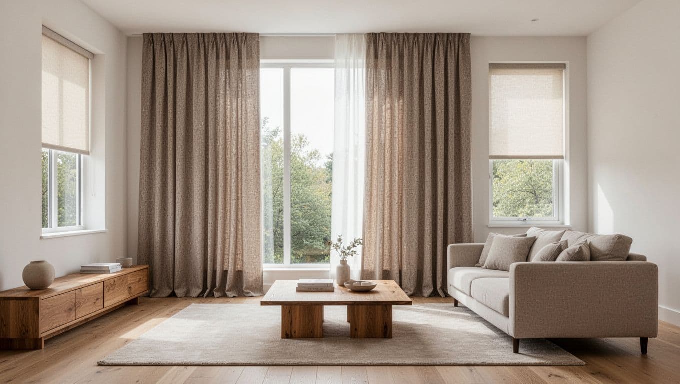 訂製窗簾不同房間要花多少?客廳臥室書房估算全指南 Elegant minimalist living room featuring large window with rich textured fabric curtains, moderate pleats, and clean lines, plus side window with simple material, bathed in natural daylight. Neutral sofa, rug, coffee table, and wooden elements create a bright, airy mood with high detail on fabric drape, no people present.