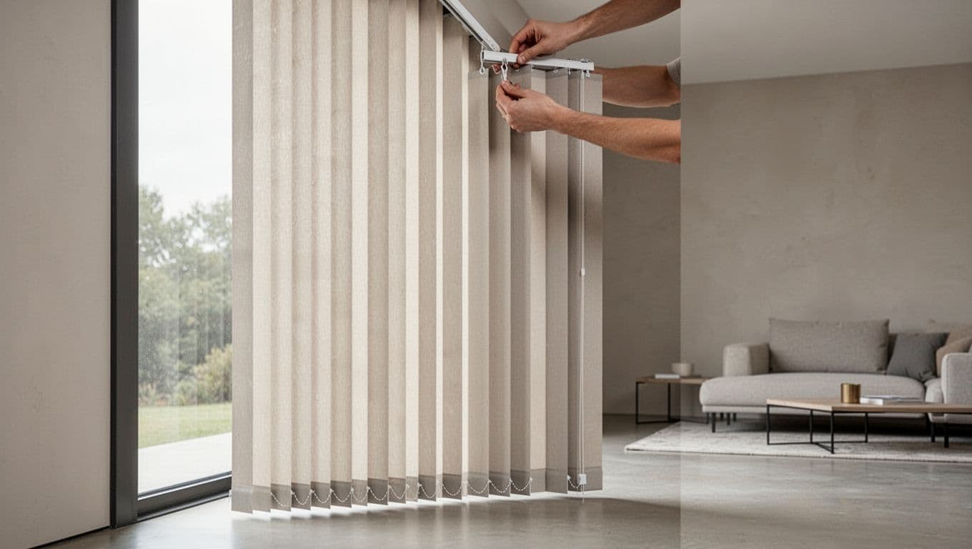 訂製窗簾想簡約?避開俗氣褶子的實用訣竅 Realistic side view of a modern living room with floor-to-ceiling window and minimalist pleated curtain showing uniform pleats and smooth drape. A pair of relaxed hands adjusts the top hooks, with soft daylight and simple background furnishings.