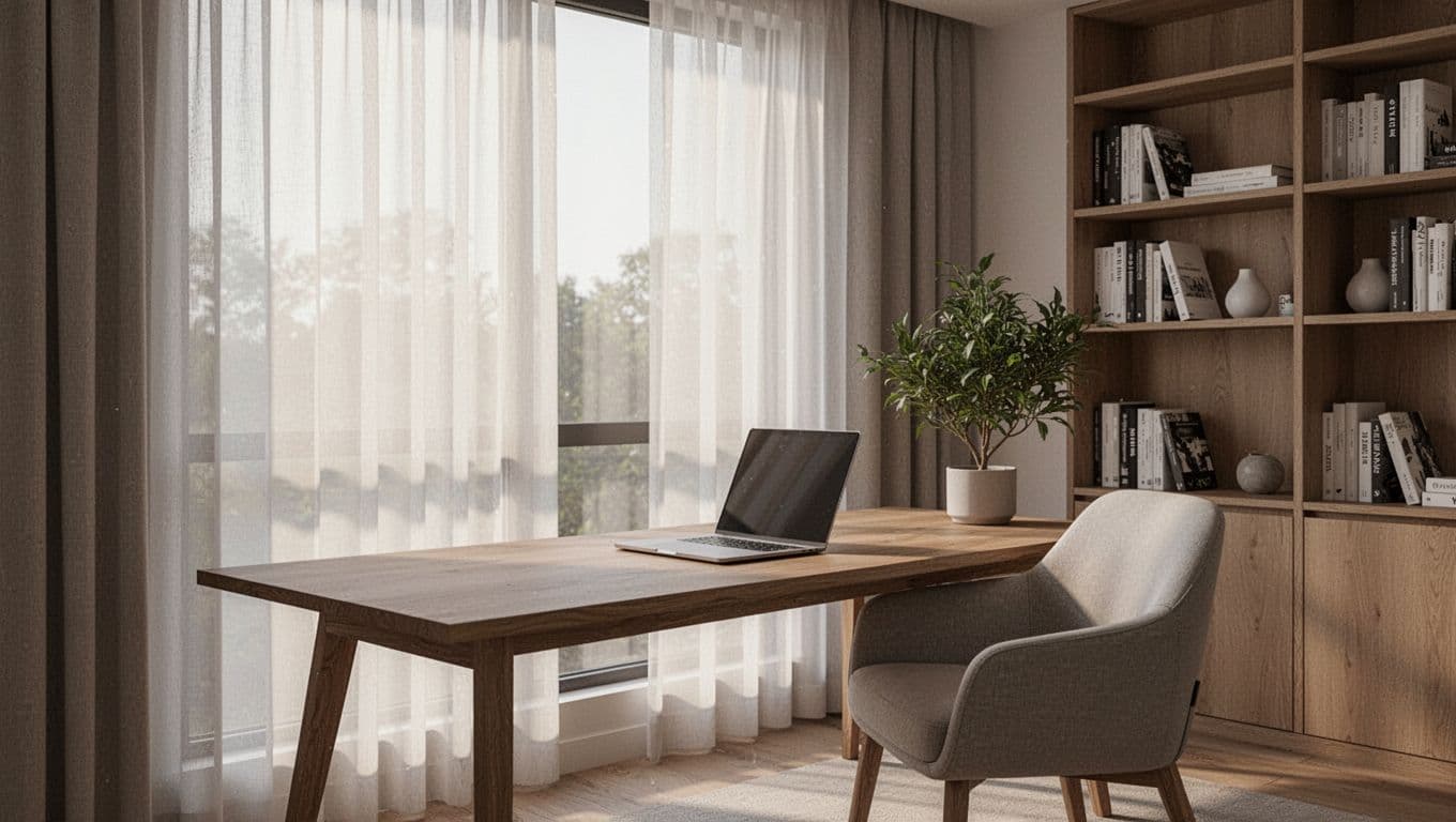訂製窗簾不同房間要花多少?客廳臥室書房估算全指南 Modern minimalist study room featuring a wooden desk with laptop computer facing a large window partially covered by sheer curtains allowing soft diffused morning light without screen glare, bookshelves in background, comfortable chair, potted plant, warm neutral tones, natural indoor lighting, high detail realistic photo, no people, exactly one laptop with screen slightly angled away from direct light, no additional devices, clean composition, sharp focus on curtain light control and desk setup, landscape aspect ratio.