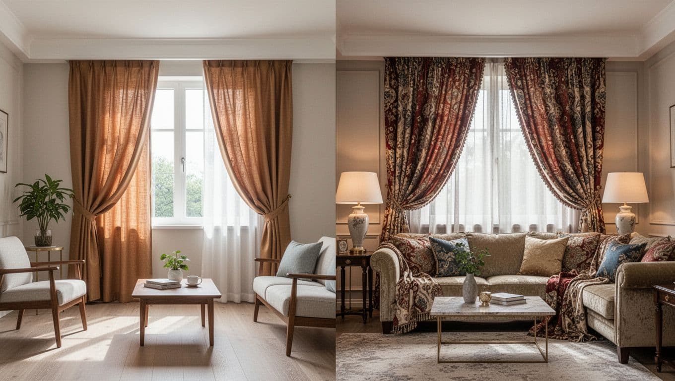 Split composition of two cozy living rooms side by side through a central divide. Left room features a simple Taiwanese curtain in earthy color with minimalist furniture in bright daylight; right room has an elegant imported curtain with rich patterns, luxurious sofa, and soft lamp light.