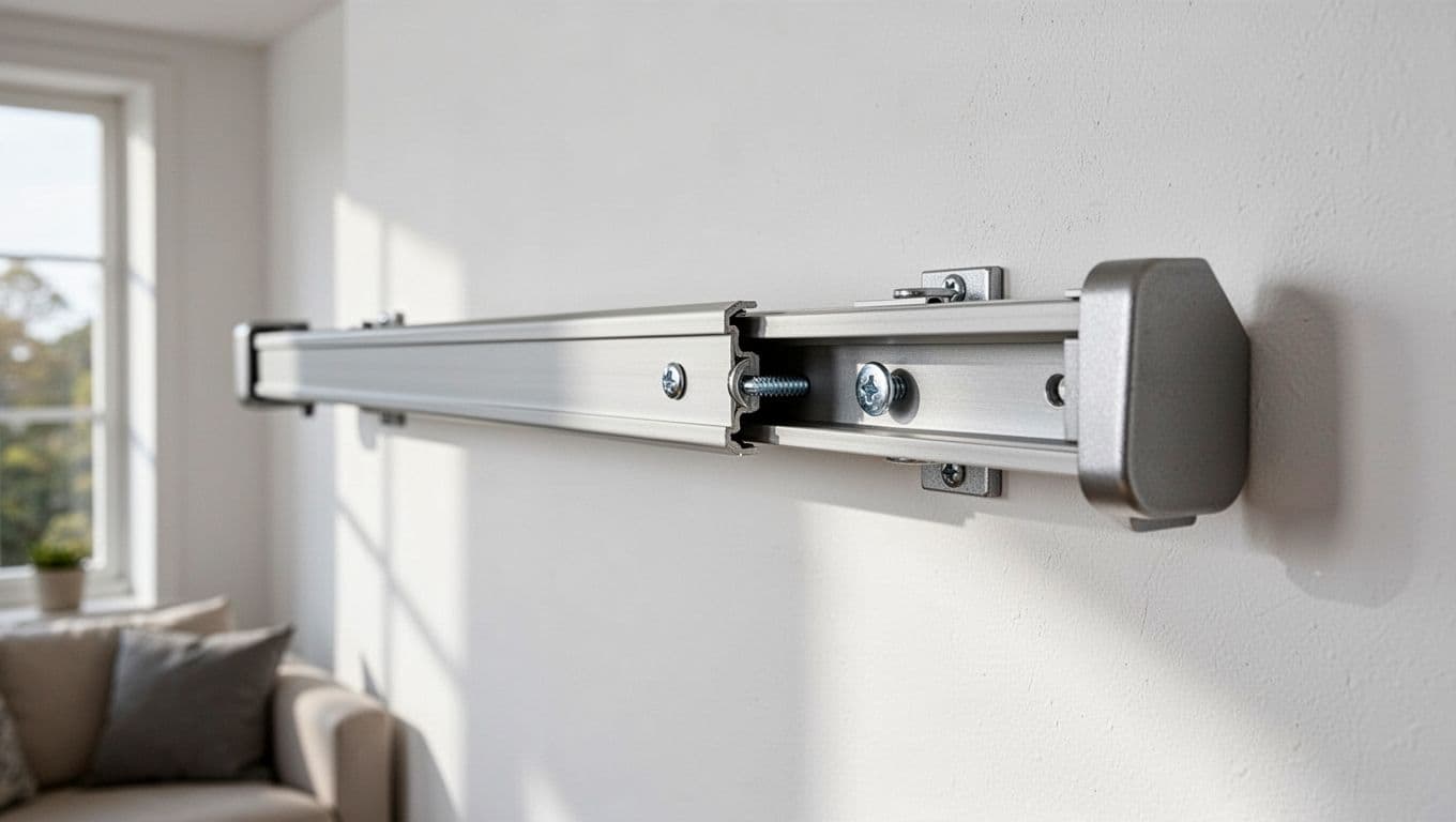 訂製窗簾軌道不好拉怎麼辦?5大常見原因與簡單解法 Horizontal curtain track with uneven joint showing step-like misalignment, protruding screw head in the slot, and tilted end cap, mounted on a white living room wall with natural light shadows.