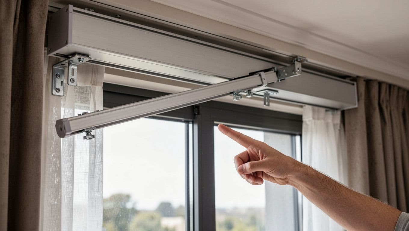 訂製窗簾裝歪怎麼辦?驗收自檢與修法全指南 Realistic close-up photo of a slanted aluminum curtain track with uneven brackets under a smooth valance box on a contemporary bedroom window, highlighted by a pointing hand revealing the height difference despite an illusion of levelness.