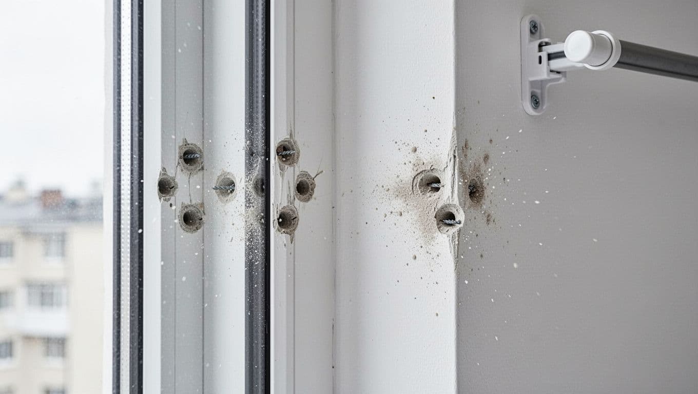 A close-up view of a white apartment wall near a window with several uneven and misaligned drill holes from poorly placed curtain track brackets, showing asymmetry where one side has holes too close to the window frame and the other side offset, light dust around holes, realistic photo style, bright indoor lighting, simple modern interior background with curtain rod nearby, exactly one wall section visible, no people, no extra objects, clean composition, high detail on hole edges and wall texture, no text, no watermarks.