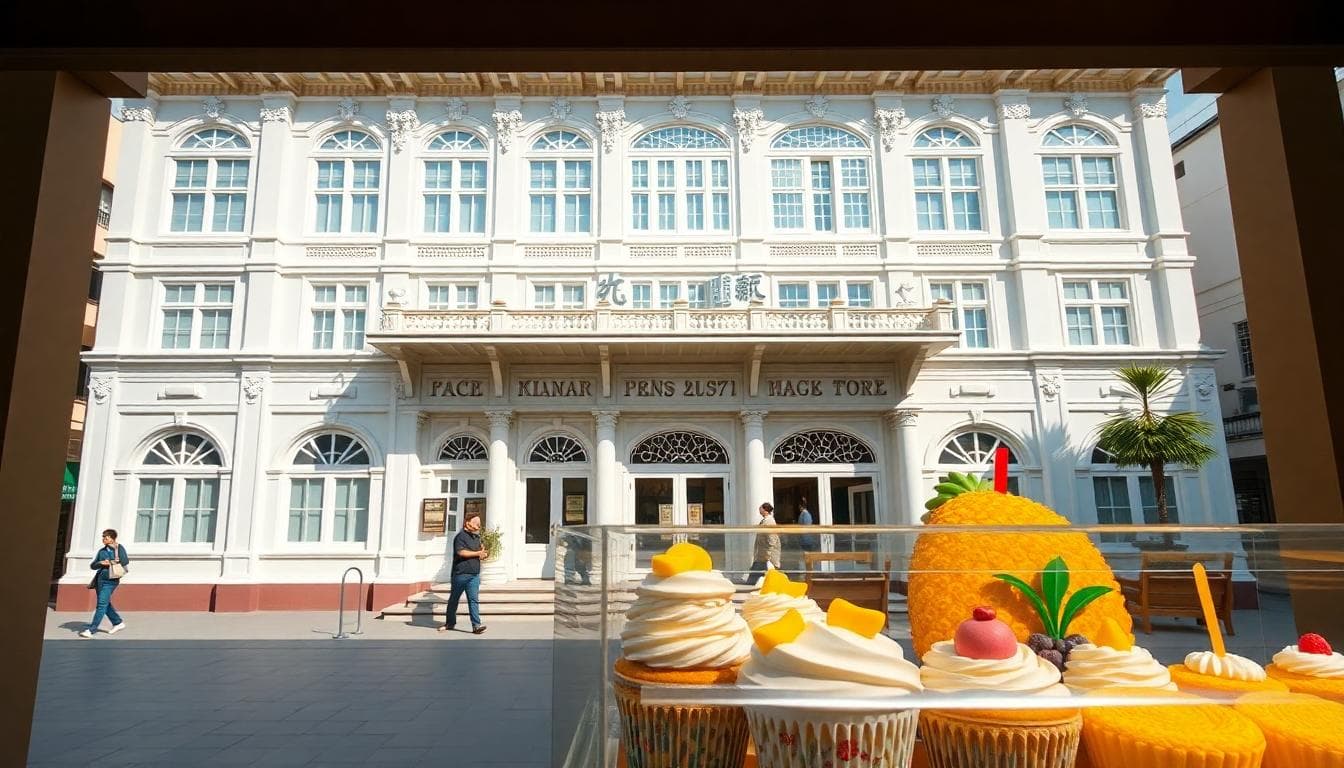 A photorealistic image of the Miyahara Ophthalmology Clinic in Taichung, Taiwan, showcasing its grand Japanese colonial architecture with white walls, large windows, and ornate details, during midday with sunlight illuminating the facade, people walking outside, and a display of colorful pineapple cakes and ice cream in the foreground inside a glass case, vibrant atmosphere blending history and sweets.