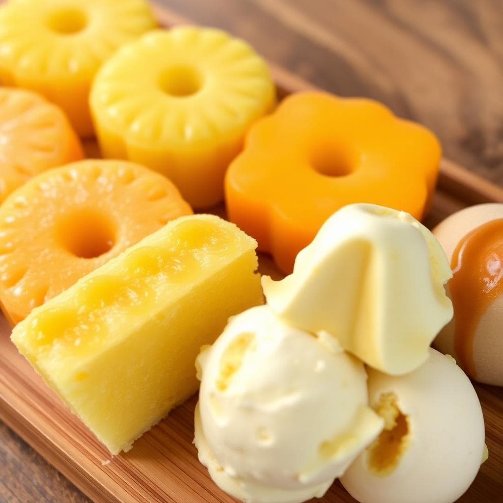 Close-up view of popular desserts from Miyahara Ophthalmology Clinic, including golden pineapple cakes in various flavors like sour pineapple, sweet 17, and salted egg yolk varieties arranged on a wooden tray, beside scoops of handmade ice cream in flavors such as dragon eye honey cheese and peanut, soft lighting highlighting the textures and colors, appetizing and inviting.