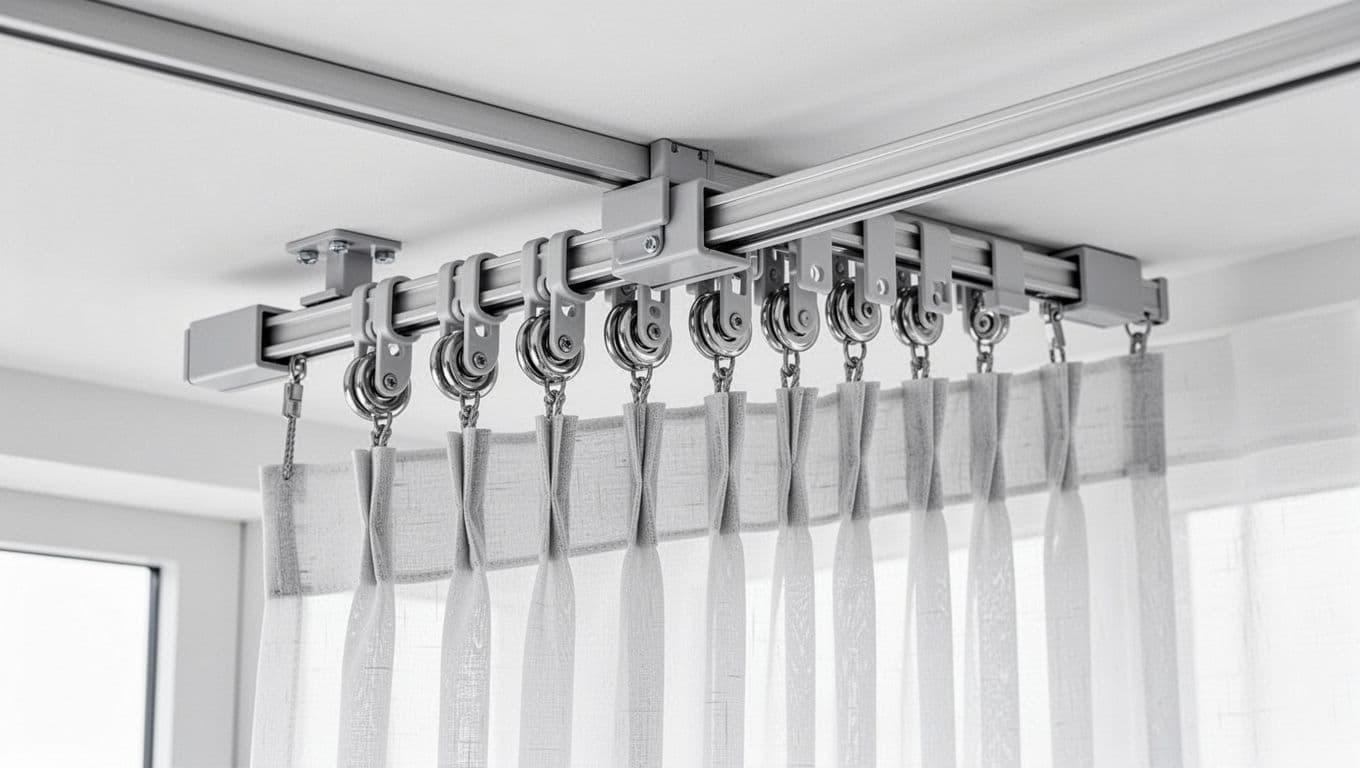 Close-up of a modern ceiling-mounted curtain track system made from smooth aluminum alloy, featuring evenly distributed pulleys, pull cord end caps, and fixing parts with thin fabric curtains hanging. Clean white indoor background emphasizes high-resolution details and smooth quality under soft lighting.