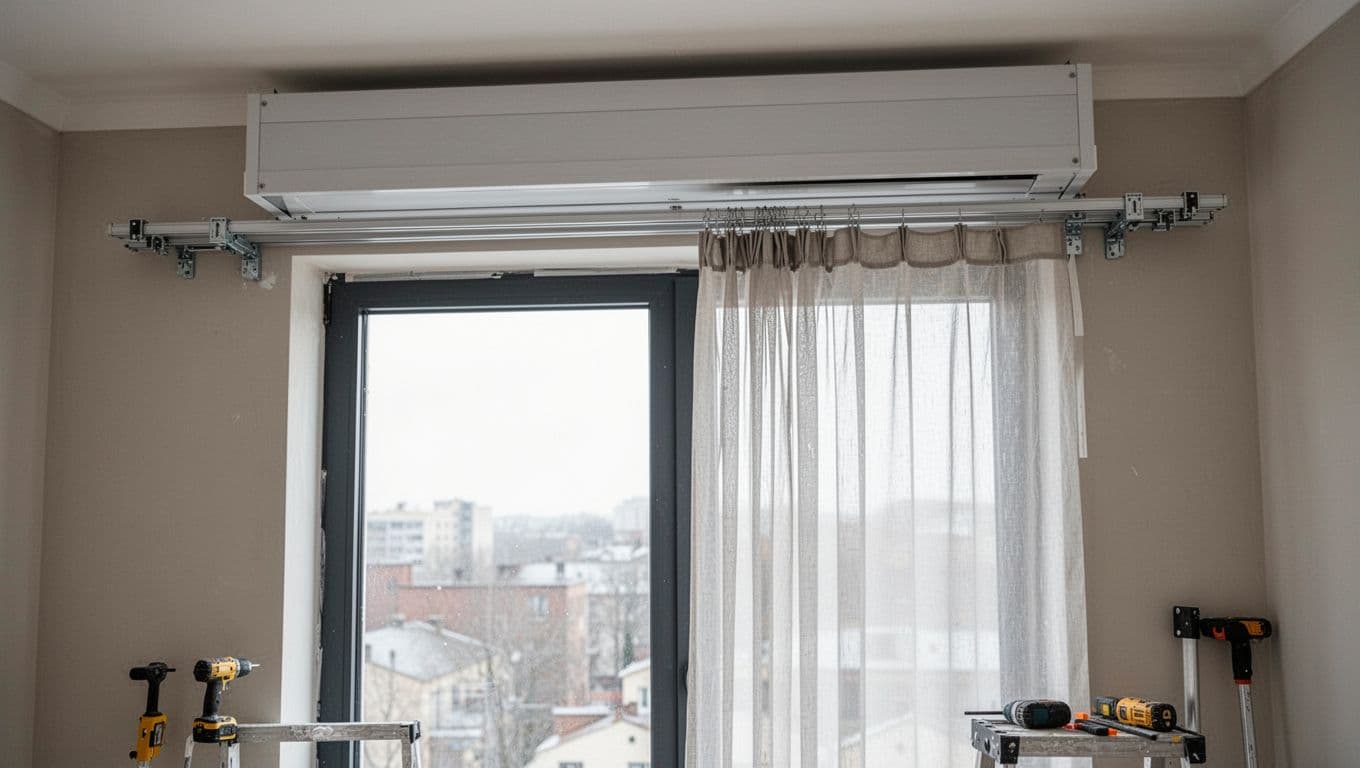 先做重點房間划算嗎?窗簾訂製分期規劃原則 Close-up of a modern aluminum curtain track system fully mounted across a wide window frame in a neutral-toned room, with a curtain box above, extra space for future fabrics, one sheer curtain panel partially hung, and tools nearby for phased installation.