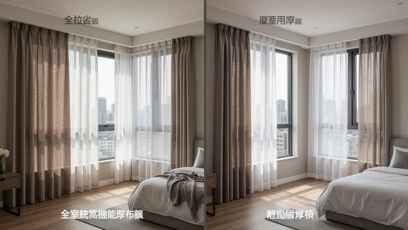Split-screen realistic photo of empty modern apartment rooms comparing uniform high-end thick curtains on all windows (left, overspend) versus selective thick curtains on main windows only with light fabrics elsewhere (right, budget-saving), soft daylight, detailed materials and window types.