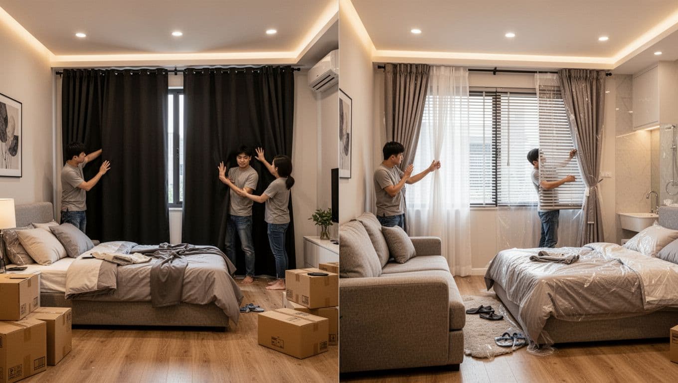 新家搬入前窗簾要先做嗎?隱私遮光隔熱全到位,避免住進去超麻煩 Photorealistic depiction of a modern apartment showcasing window curtain upgrades: fully installed blackout curtains in the master bedroom, half-installed double-layer curtains in the living room, and moisture-resistant blinds in the bathroom. A single person places large furniture like a sofa and bed before adjusting tracks in a relaxed pose, with warm lighting and a cozy, lived-in feel.