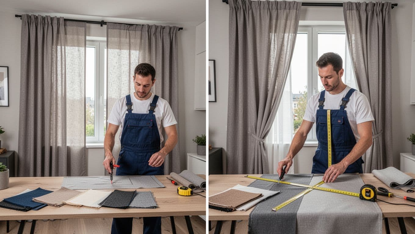 Photorealistic split-view of a worker in overalls adding a matching extra curtain panel on the left and precisely resizing curtains by measuring and cutting fabric on the right, in a clean modern apartment workspace with natural lighting and focus on color consistency.