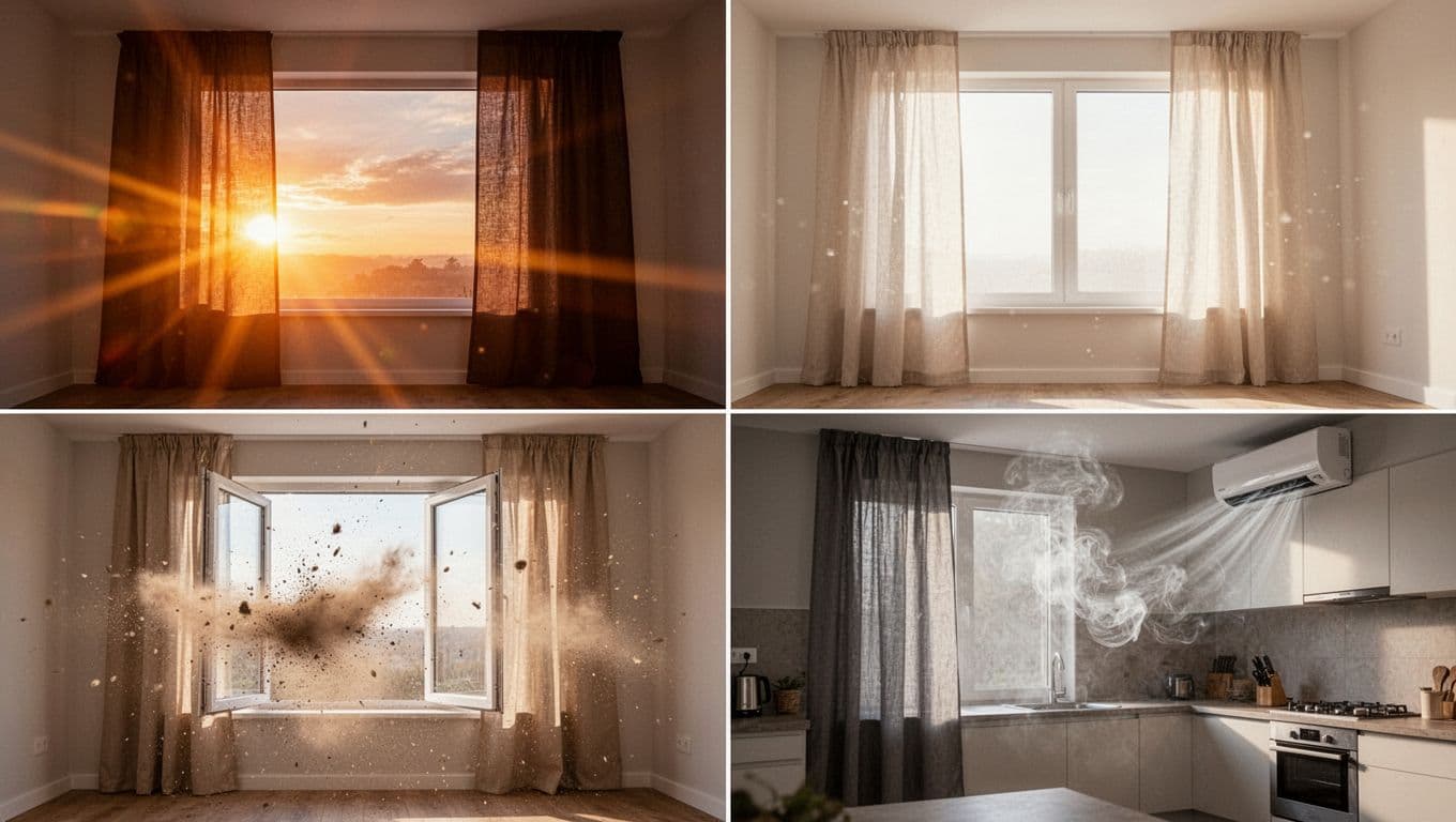 Photorealistic illustration of a simple modern apartment interior featuring exactly four windows facing different directions, each with unique lighting effects: west sunset on dark curtains, south bright light on light curtains, open window with blowing dust on beige curtains, and kitchen smoke with AC on gray curtains. High detail on light rays, dust particles, and curtain states, no people or text.