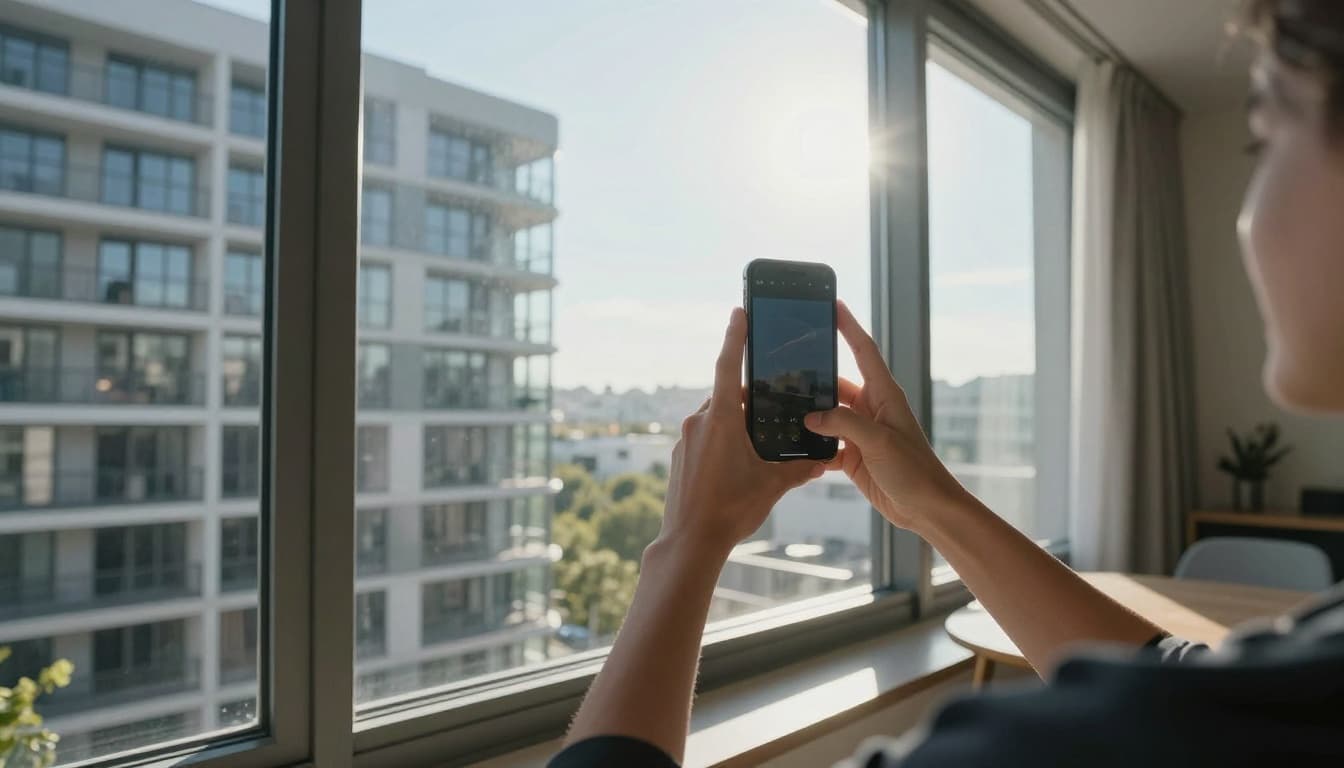 訂製窗簾想控制預算,先決定這 3 件事 A modern apartment resident stands relaxed by the window, naturally holding a smartphone to photograph the clear view of the opposite building, with strong afternoon sunlight pouring into the simply furnished room.