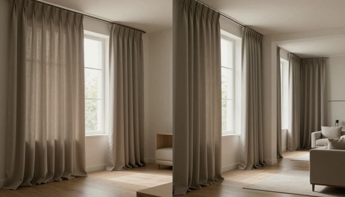 Spacious modern apartment interior with full-room unified curtains in three variations: identical fabric, varying shades of the same hue, and different textures in the same color family. Soft natural daylight filters through empty rooms with minimal furniture, emphasizing curtain details and cohesive harmony.