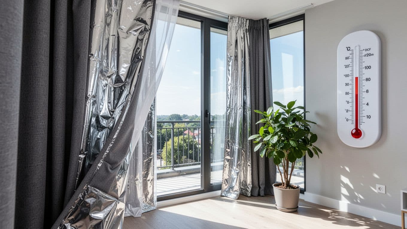 Modern home window setup with double-layer thermal curtains featuring outer reflective foil and inner insulating fabric on a large bay window overlooking a sunny balcony. Room interior maintains stable comfortable temperature shown by thermometer, with one healthy potted plant nearby and softly filtered natural light.