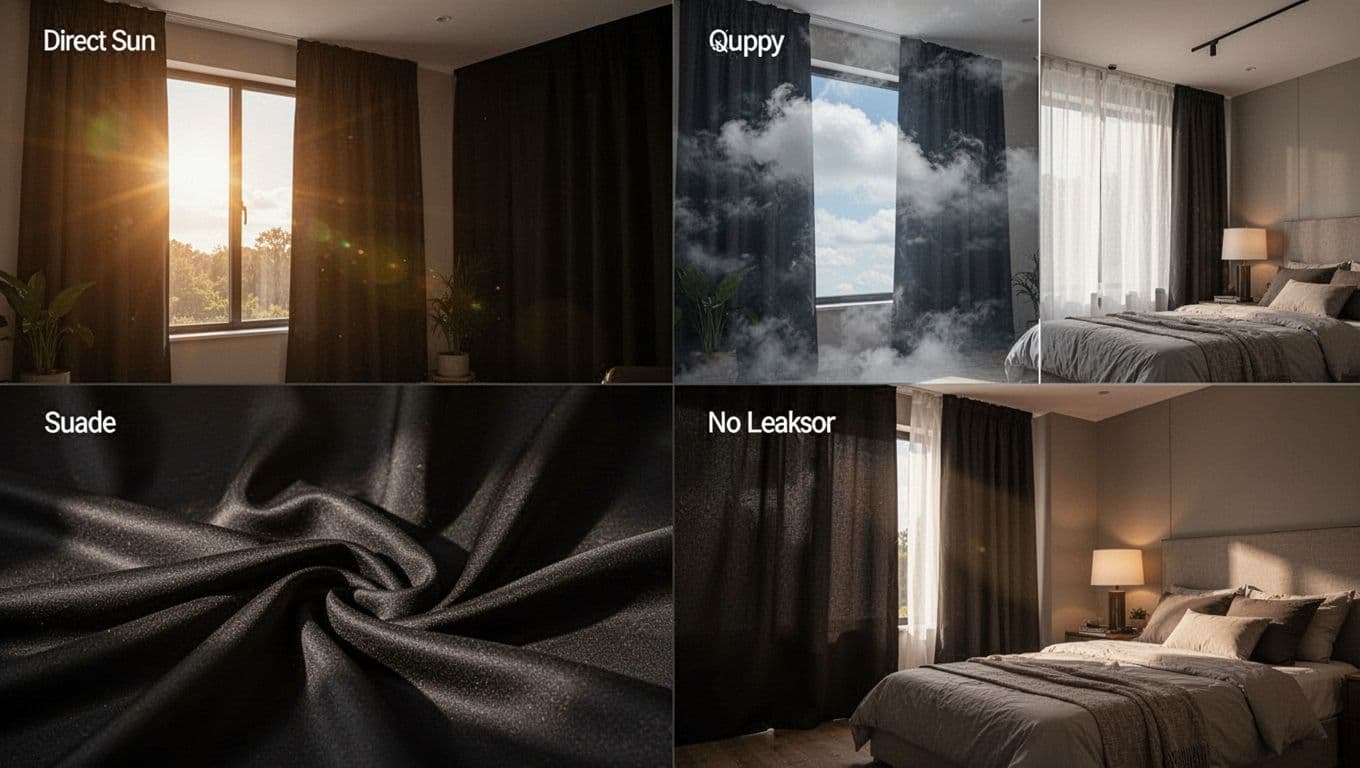 Split scene of modern bedroom window with blackout curtains blocking direct sunlight completely on sunny day and minimal light on cloudy day, shown from multiple angles with no leaks, detailed fabric close-up and room elements like bed and lamp.
