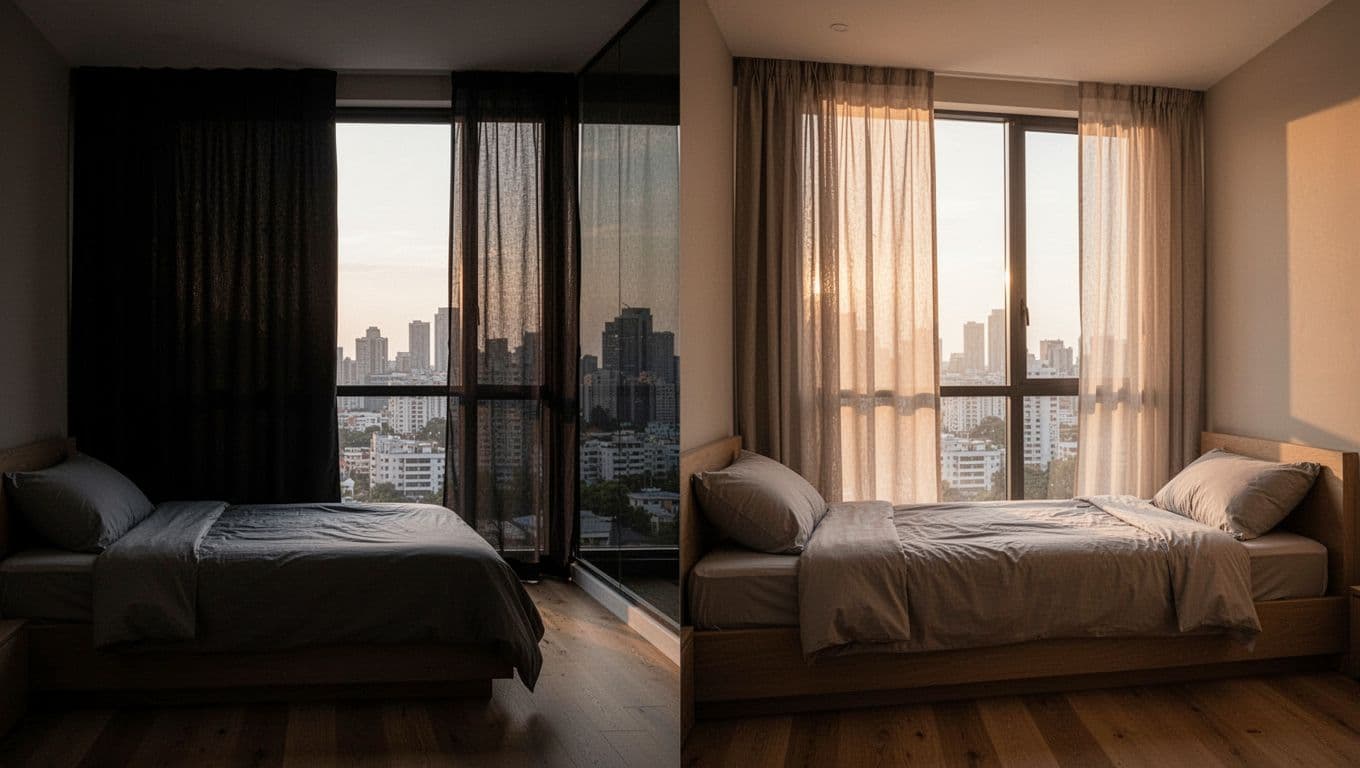 訂製窗簾想控制預算,先決定這 3 件事 Split diptych image of a cozy modern bedroom with floor-to-ceiling cityscape window: left side fully dark with blackout curtains drawn for sleep, right side softly lit with partial sheer curtains for napping.
