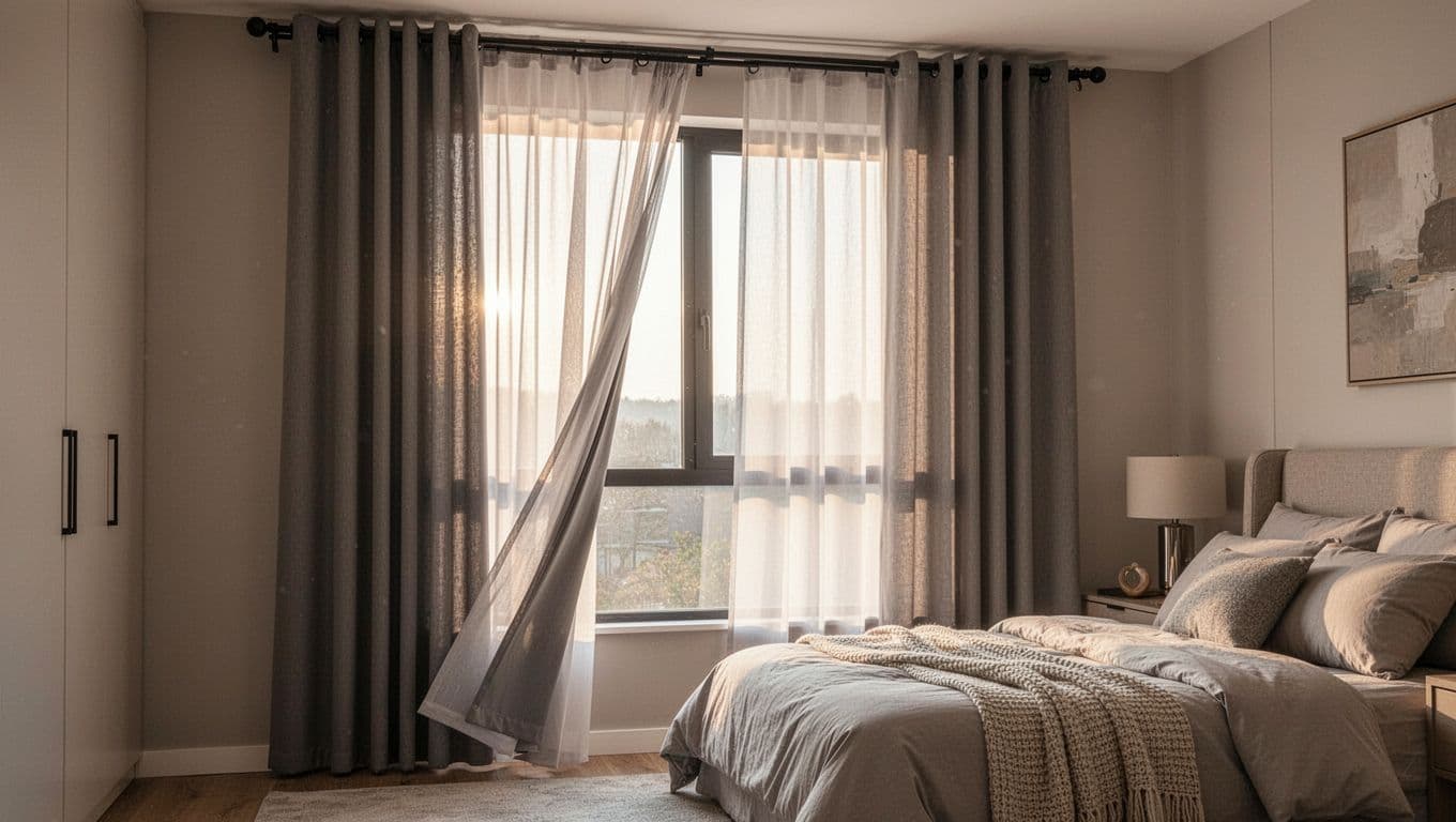 訂製窗簾加價項目表:常見4大類一次清單掌握 Modern bedroom interior featuring a large window with double-layer curtains on separate dual tracks, partially drawn to show sheer outer and blackout inner layers, with cozy bedding and soft morning light.