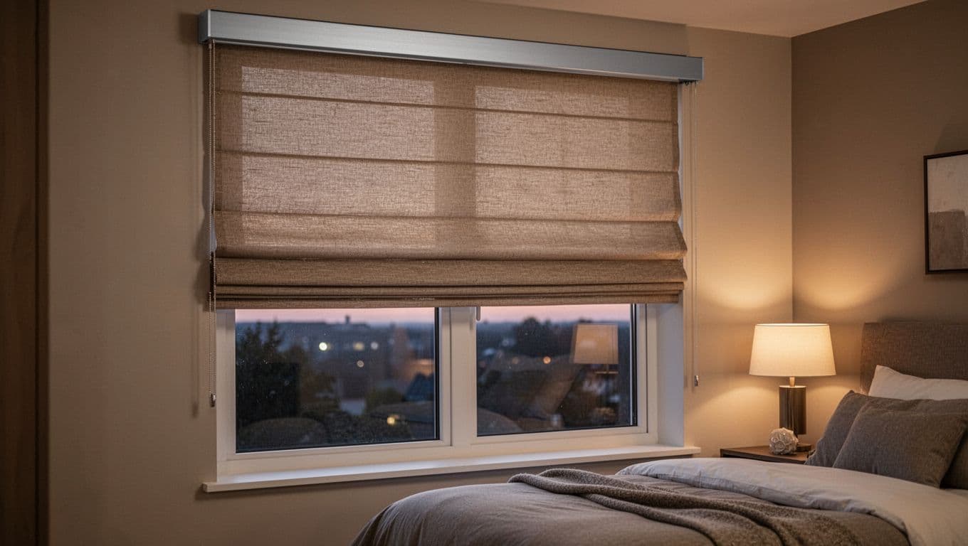 窗簾只換軌道不換布可以嗎?費用優缺點與限制全解析 A modern bedroom window showcases a neatly pleated roman shade curtain in excellent condition, pulled halfway up on a smooth new aluminum track, with soft evening light and cozy interior elements in the background.