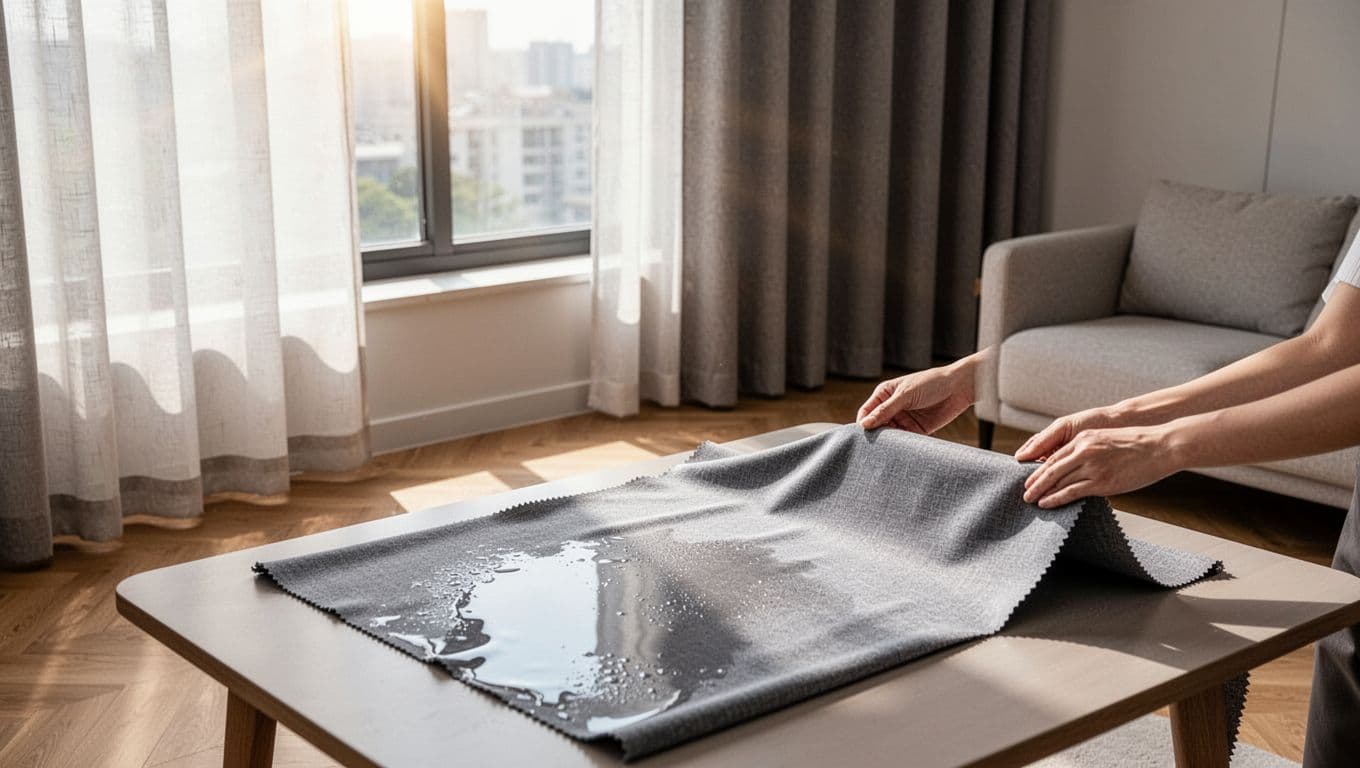 訂製窗簾不想花冤枉錢,報價前要先準備什麼 In a serene modern bedroom by the window, special functional curtain fabrics are showcased: UV-blocking material filters strong sunlight to soft light, while thick soundproof fabric hangs quietly. A fabric sample lies on the table with glossy coating, lightly touched by hands, amid soft-lit wood floors and a comfortable sofa.