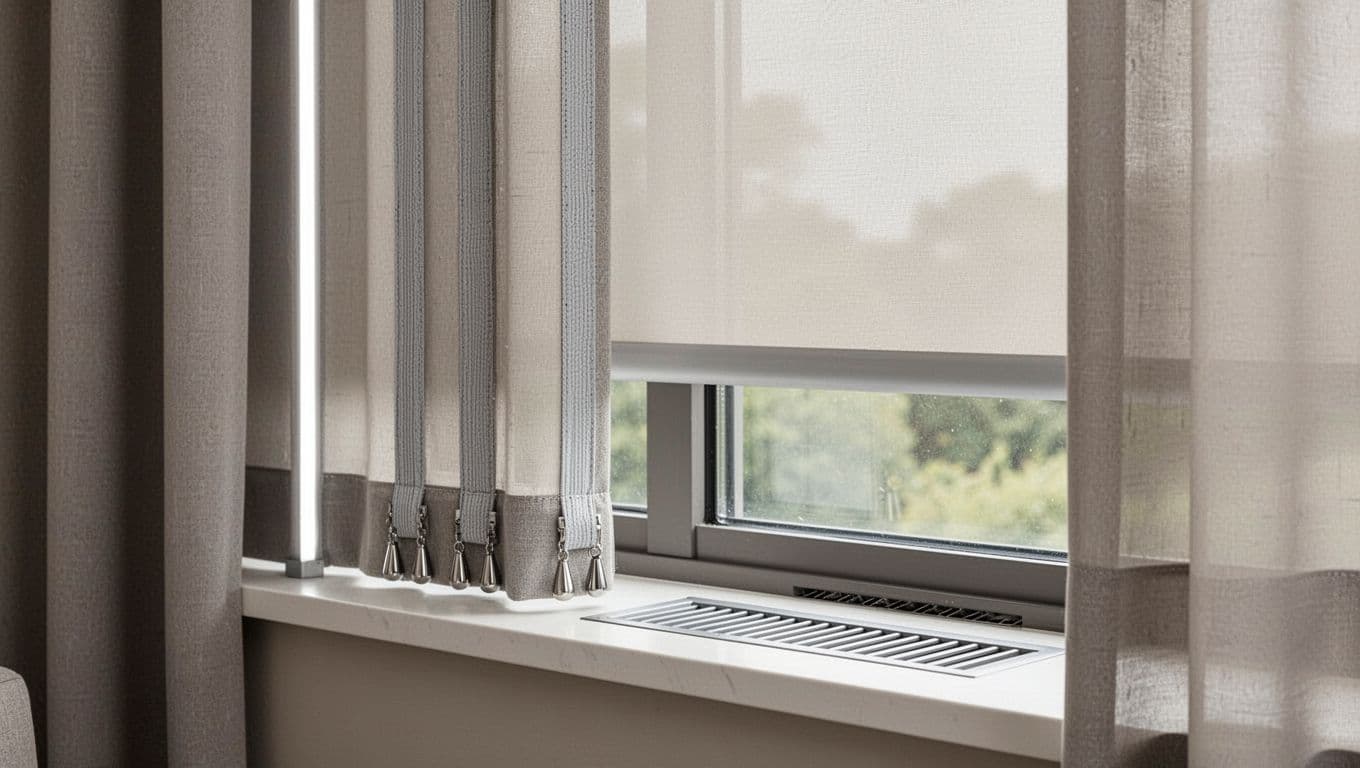 Close-up realistic details of functional curtain installations in a neutral modern room window, featuring side light-blocking fabric strips, weighted bottom hem, smooth cordless mechanism, and elegant privacy layers.