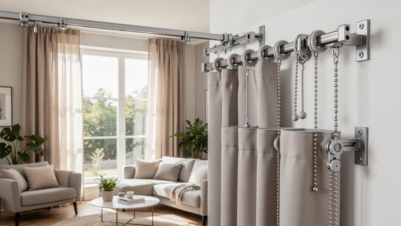Bright modern living room with custom neutral curtains partially open, showcasing ceiling-mounted metal tracks, sliding wheels, pull cords, beaded chains, and lifting mechanisms in high detail. Realistic photography with natural daylight, focusing on fabric texture and secure installation amid cozy interior.