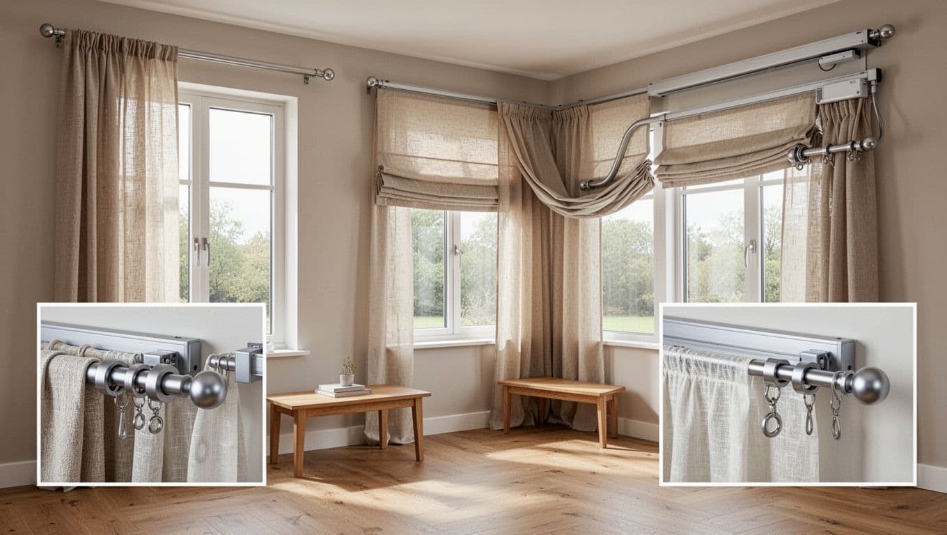 Photorealistic modern home interior displaying straight aluminum track, Roman pole, and electric track system on straight and L-shaped corner windows with neutral fabrics, cozy atmosphere, and soft daylight.