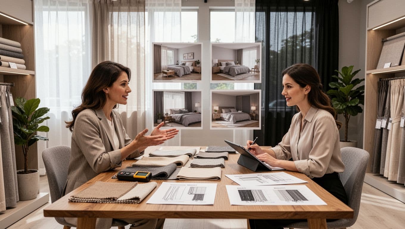 Photorealistic scene of one client gesturing to one consultant at a wooden table with fabric swatches, sketches, and tools in a bright showroom with sample curtains. Warm atmosphere emphasizes communication about light and privacy needs.
