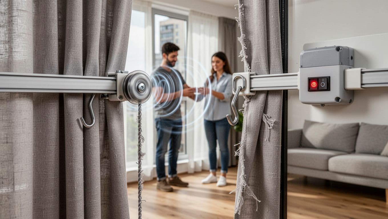 Photorealistic image of a modern living room window with custom curtains displaying warranty issues like noisy pulley, fraying fabric, bent hook, and motor malfunction light; one person testing in background.
