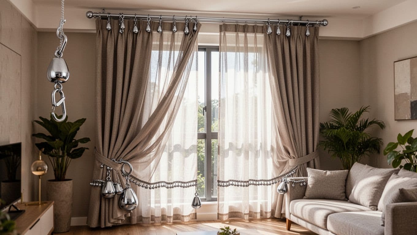 A large living room window features a complete custom double-layer curtain system with ceiling-mounted slide tracks, half-open pleated main curtains and sheer inner layer, natural drape, and details like hooks and lead weights, set against a modern sofa and plants with warm daylight.