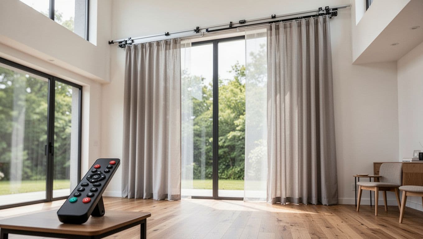 大面窗訂製窗簾怎麼估價?先抓寬高面積數字 Photorealistic bright contemporary room with sleek electric curtains on ceiling track system, partially open via remote on side table.