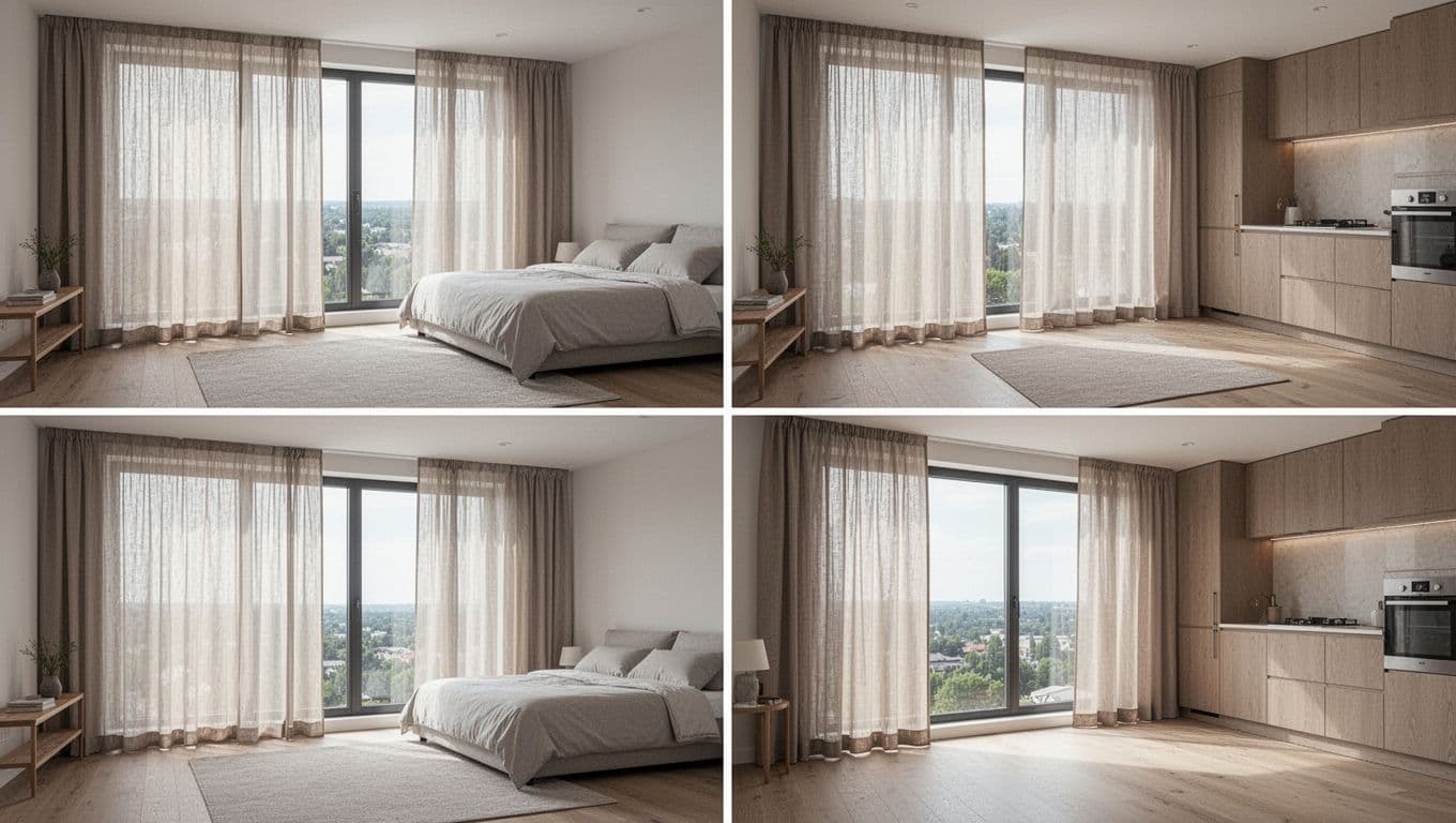 Modern empty apartment rooms feature consistent neutral-toned curtains: double-layer sheer gauze and matte cloth in the living room and matching bedroom, single gauze in the bathroom, and simple cloth in the kitchen, captured in high-detail realistic photography under natural light.