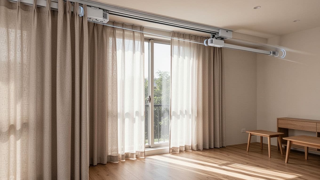 訂製窗簾高級感滿分:預算分配黃金比例 Close-up of stable hidden track curtains in a modern living room, with beige thick fabric naturally draping to the floor, embedded ceiling rail revealed when slightly pulled open, soft natural sunlight, clean minimalist space.