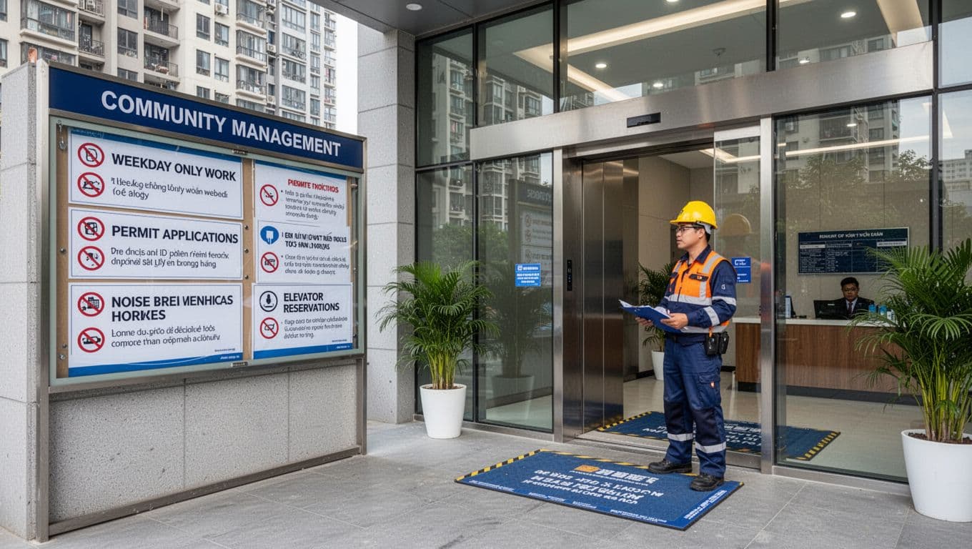 Exterior view of a modern high-rise apartment building entrance lobby featuring a bulletin board with community management notices and a single construction worker holding a clipboard near the elevator.