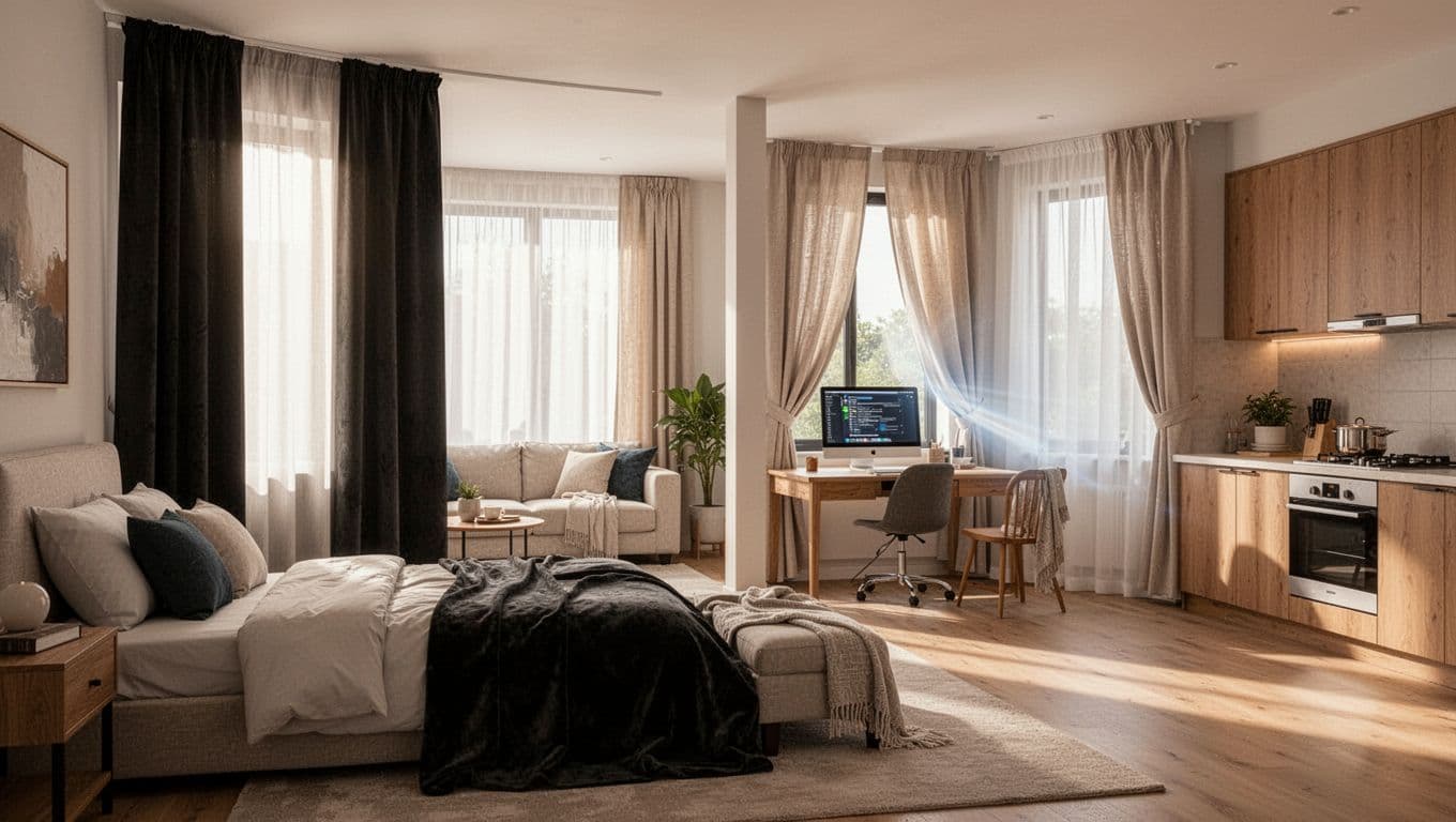 Photorealistic illustration of a modern home featuring custom curtains in bedroom, living room, study, and kitchen for blackout, light-filtering, glare reduction, and stain resistance.