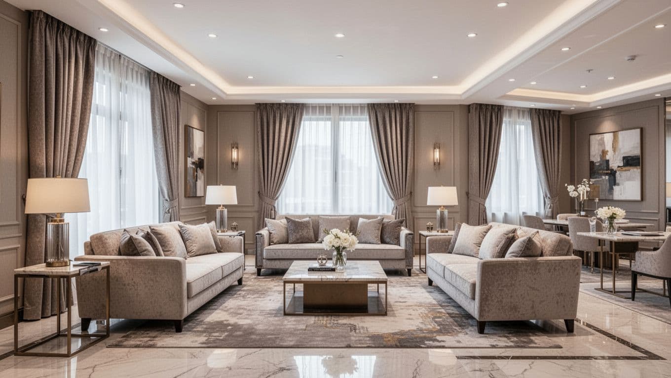 A spacious modern showroom showcases multiple room vignettes with perfectly coordinated soft furnishings, including custom curtains that seamlessly match sofas, rugs, lighting, and wall decor in neutral luxury tones for a cohesive hotel ambiance. Photorealistic wide landscape view with soft diffused lighting, high-quality materials, no people, text, or borders.
