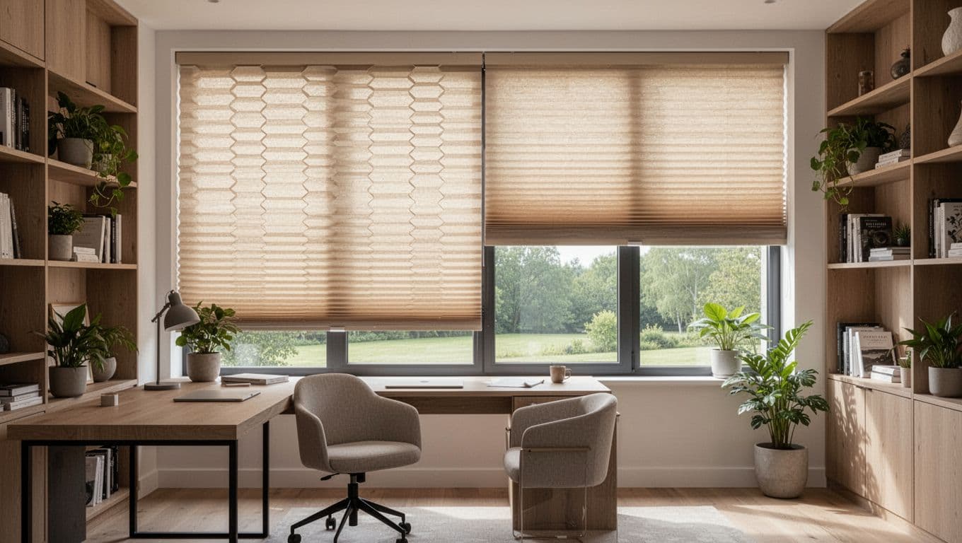 Elegant modern home office featuring beige honeycomb (cellular) shades fully extended on wide windows, displaying thick insulated cells for energy efficiency. One side partially raised to reveal outdoor view, with desk, chair, bookshelves, and plants in soft diffused natural light.