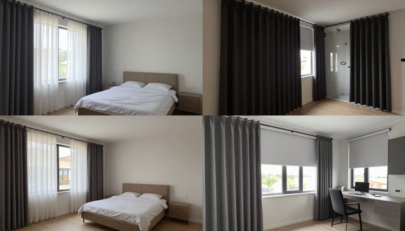 Modern home featuring tailored curtains for each room: sheer for living room light balance, thick blackout for bedroom darkness, moisture-resistant for bathroom, and anti-glare roller shades for study. Unified with similar colors, textures, and hardware in empty, realistically photographed interiors with soft lighting.