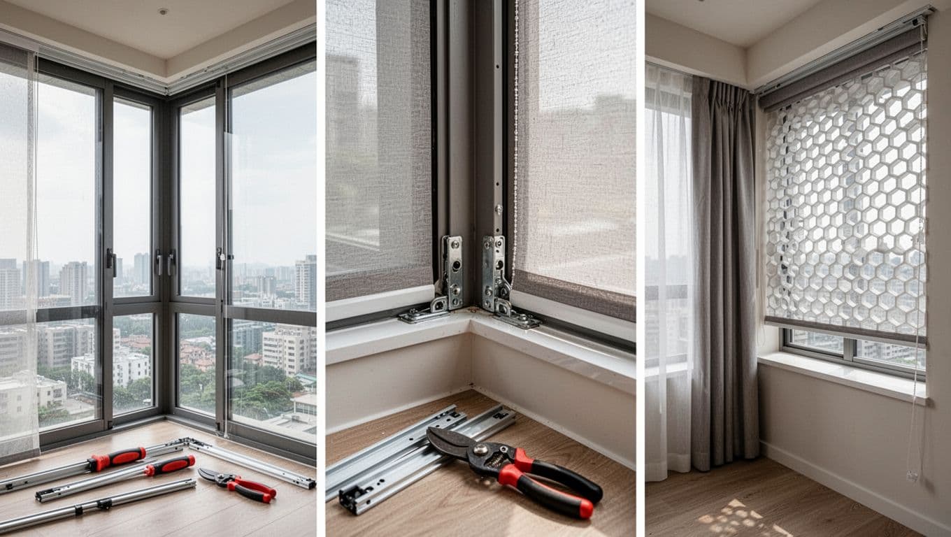 Showcase of curtain installation challenges on special modern home windows including simple floor-to-ceiling tracks, complex corner multi-tracks, and custom bay window honeycomb shades. Half-installed curtains with scattered tools in an empty room under natural light, emphasizing hardware seams, fabric edges, and process differences impacting long-term costs.