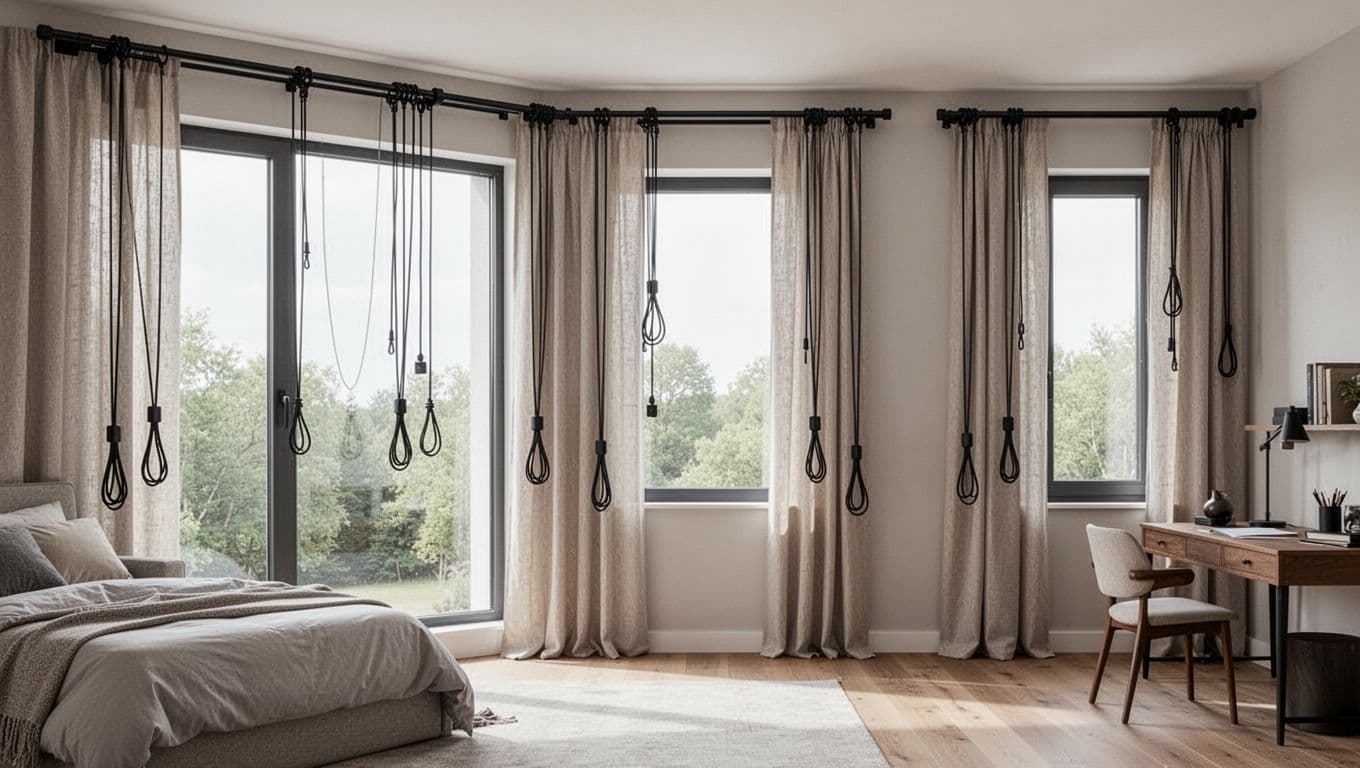 Wide view of an empty modern home showcasing three windows with fully unified matte black slim curtain tracks, matching rods, and neatly coiled pull cords across living room, bedroom, and study. Neutral fabric curtains draped consistently in soft daylight, high-detail realistic photography emphasizing cohesive premium hardware textures and alignments.