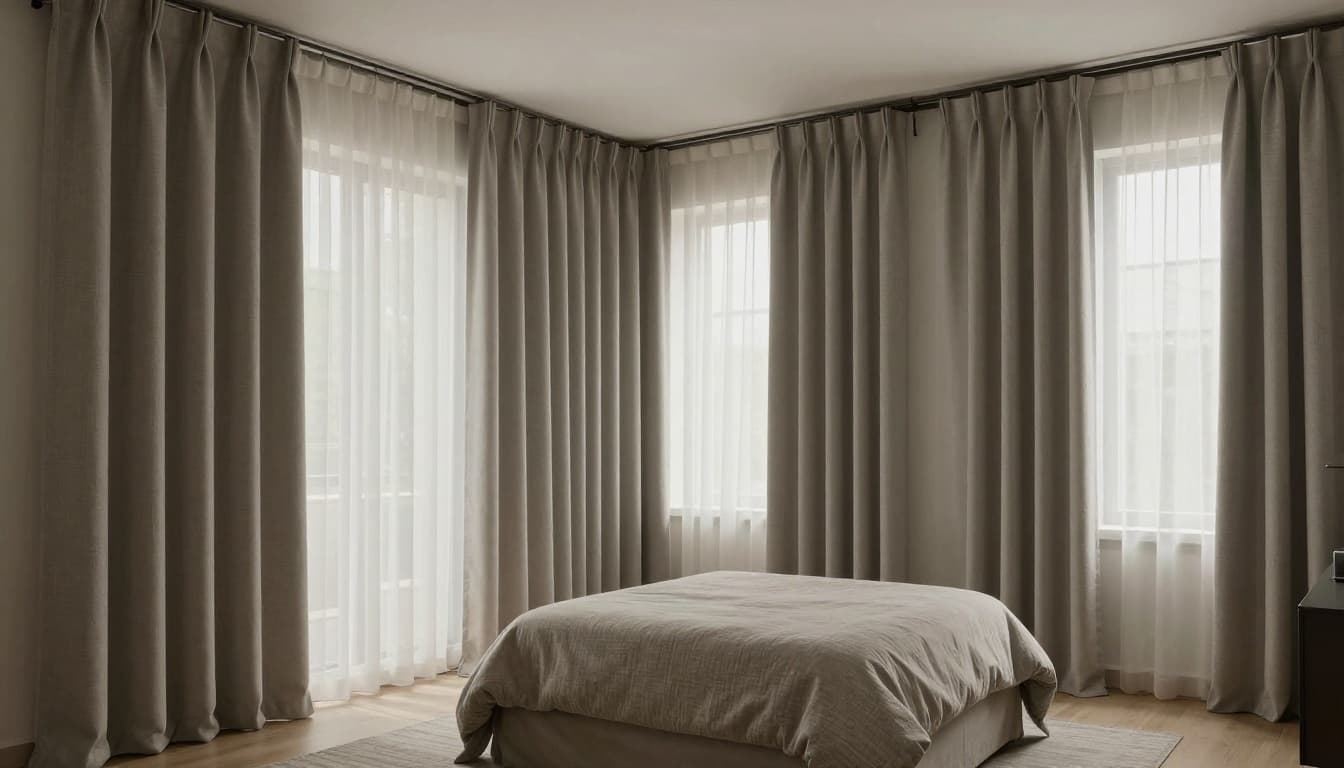 Modern residential space displaying different window sizes and curtain functions: large living room blackout thermal curtains, medium bedroom UV-resistant curtains, and small bathroom lightweight waterproof curtains, emphasizing material differences and cost impacts.
