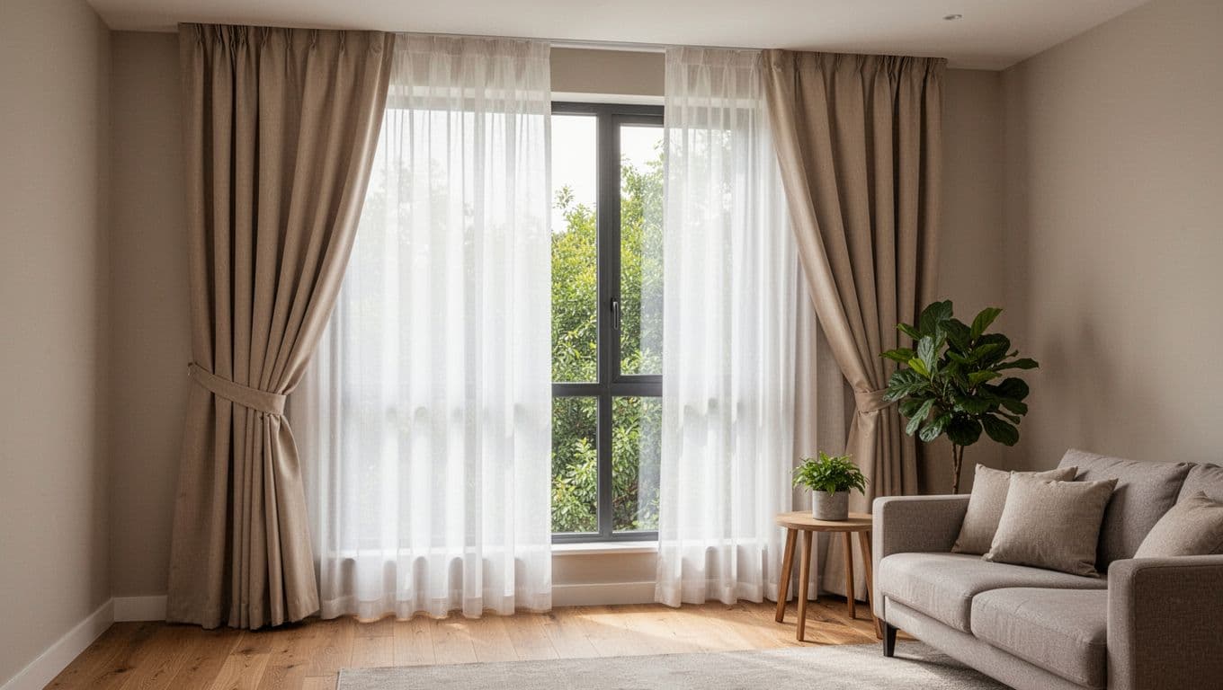 Photorealistic modern living room in hotel style featuring a large window with double-layer custom curtains: outer sheer white fabric diffusing soft natural daylight and inner blackout beige partially pulled aside, revealing a cozy seating area with sofa, side table, and potted plant on wooden floor.