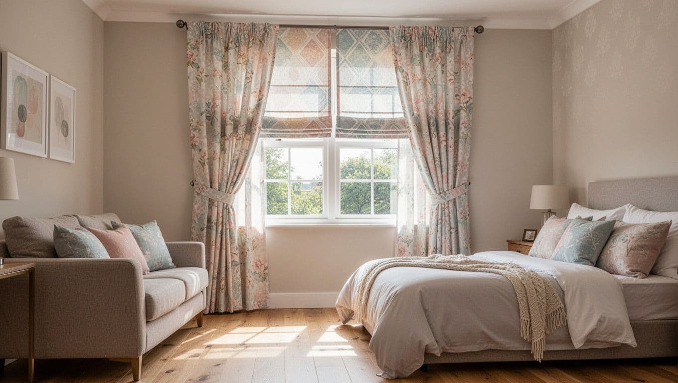 窗簾訂製預算表:入門到高規3種方案全指南 A bright modern living room transitioning to a bedroom features mid-range custom curtains in soft pastel floral or geometric patterns on Roman shades with easy-pull cords, partially raised to filter gentle sunlight onto a cozy sofa or bed amid wooden floors and neutral walls.
