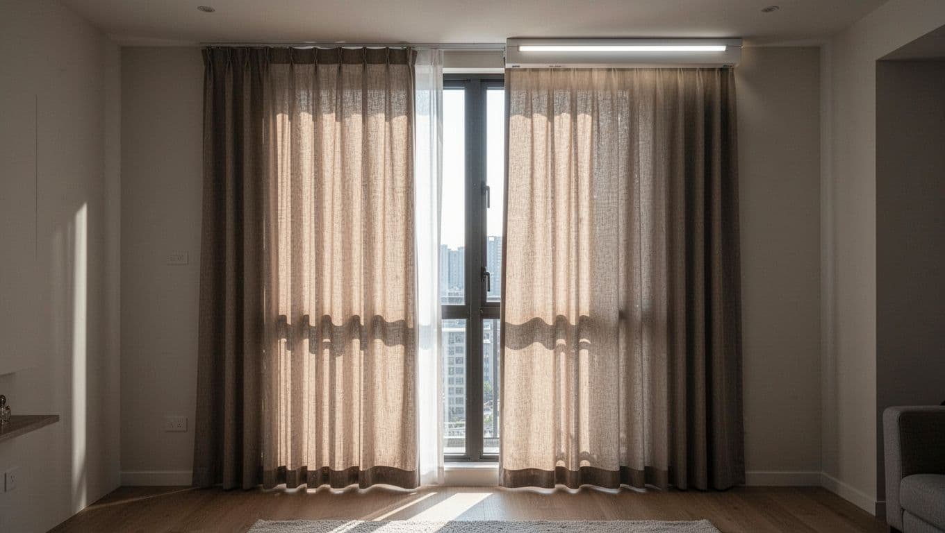 Blackout curtains half-pulled on a floor-to-ceiling window in a modern living room, with sunlight leaking from side gaps and top track, emphasizing sealing issues and missing box curtain.