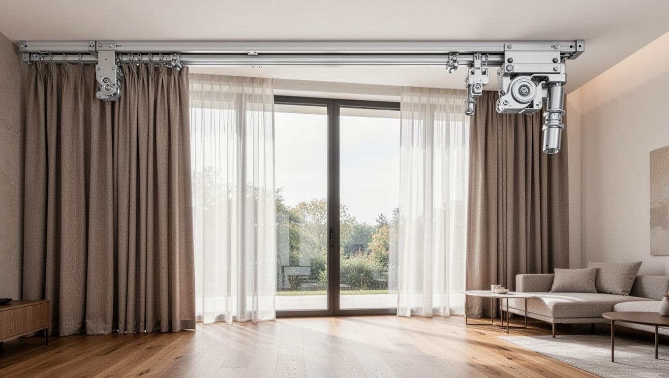 大面窗訂製窗簾怎麼估價?先抓寬高面積數字 Photorealistic image of a spacious modern living room with a large floor-to-ceiling window featuring hidden ceiling-mounted curtain tracks and sturdy aluminum rails supporting partially drawn heavy folded curtains. Soft natural daylight filters through sheer curtains onto wooden floors and minimalist furniture, creating a cozy elegant mood with high detail on metal textures and fabric folds.