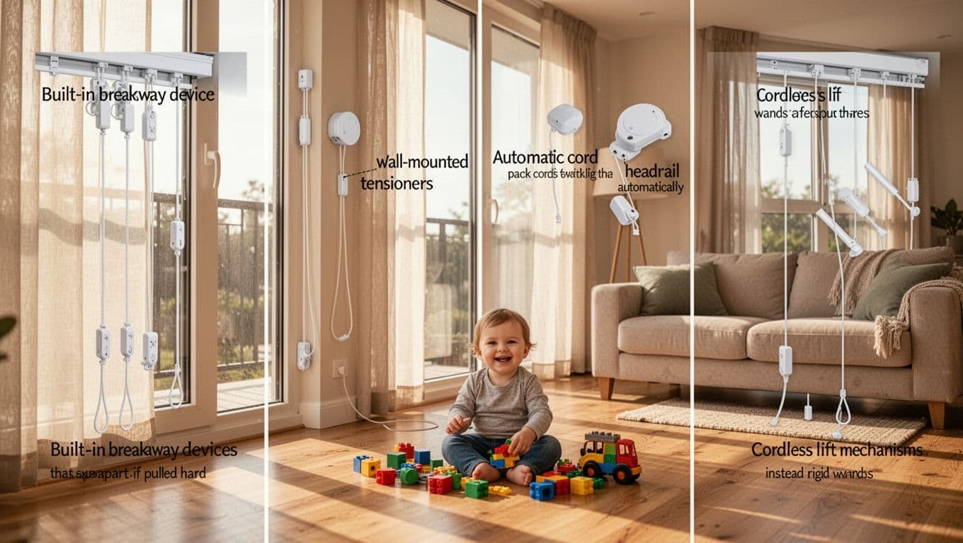 兒童安全窗簾配件會加價嗎?家長必懂真相 A bright, cozy modern living room showcases child safety features on window curtains: built-in breakaway devices, wall-mounted tensioners, automatic cord retractors, and cordless lift mechanisms, with a happy toddler playing safely nearby.
