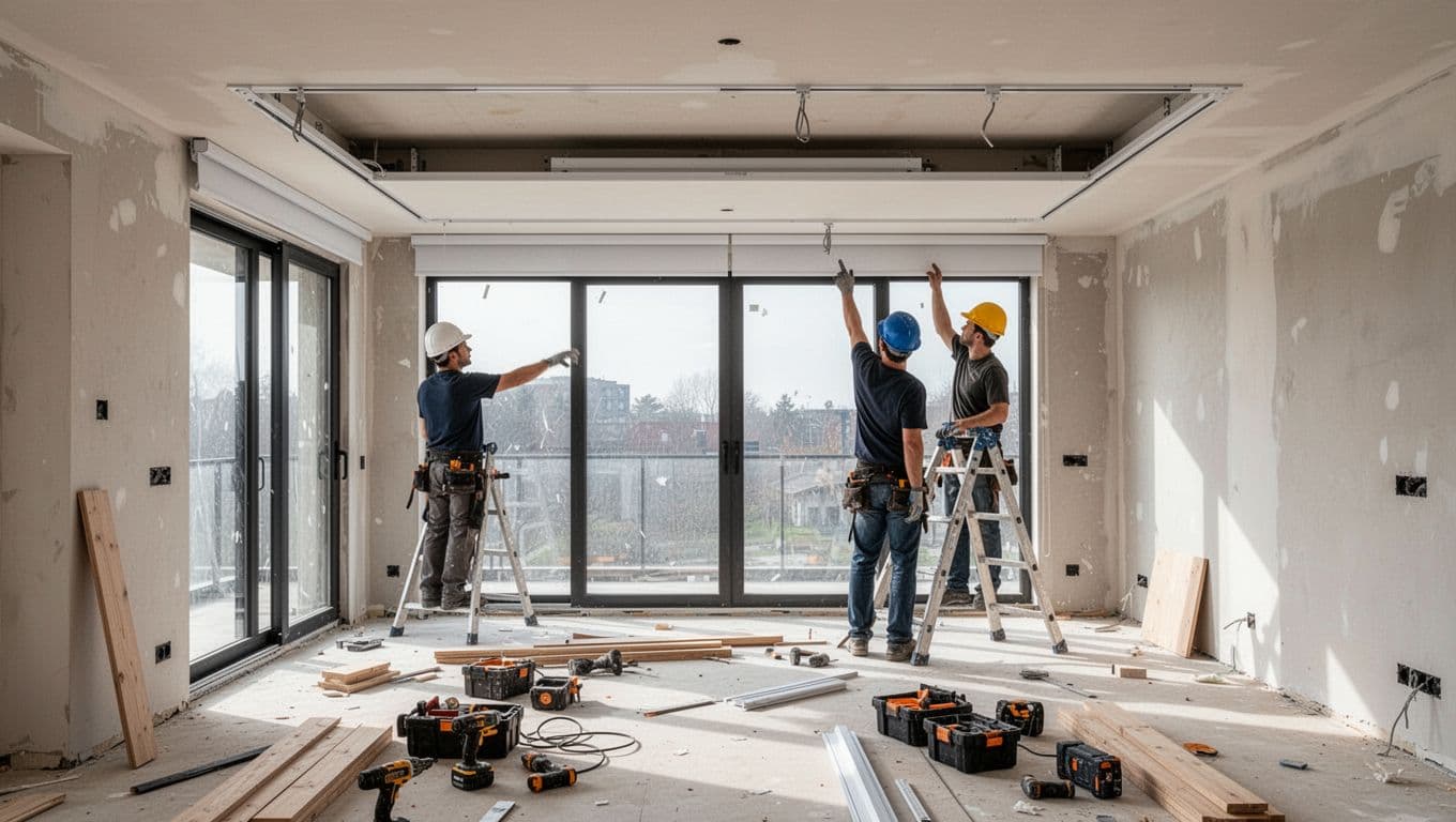 A modern living room under renovation features two workers in helmets installing a ceiling-hidden curtain box and flush tracks above large windows, with tools, ladders, and natural daylight on unfinished surfaces.