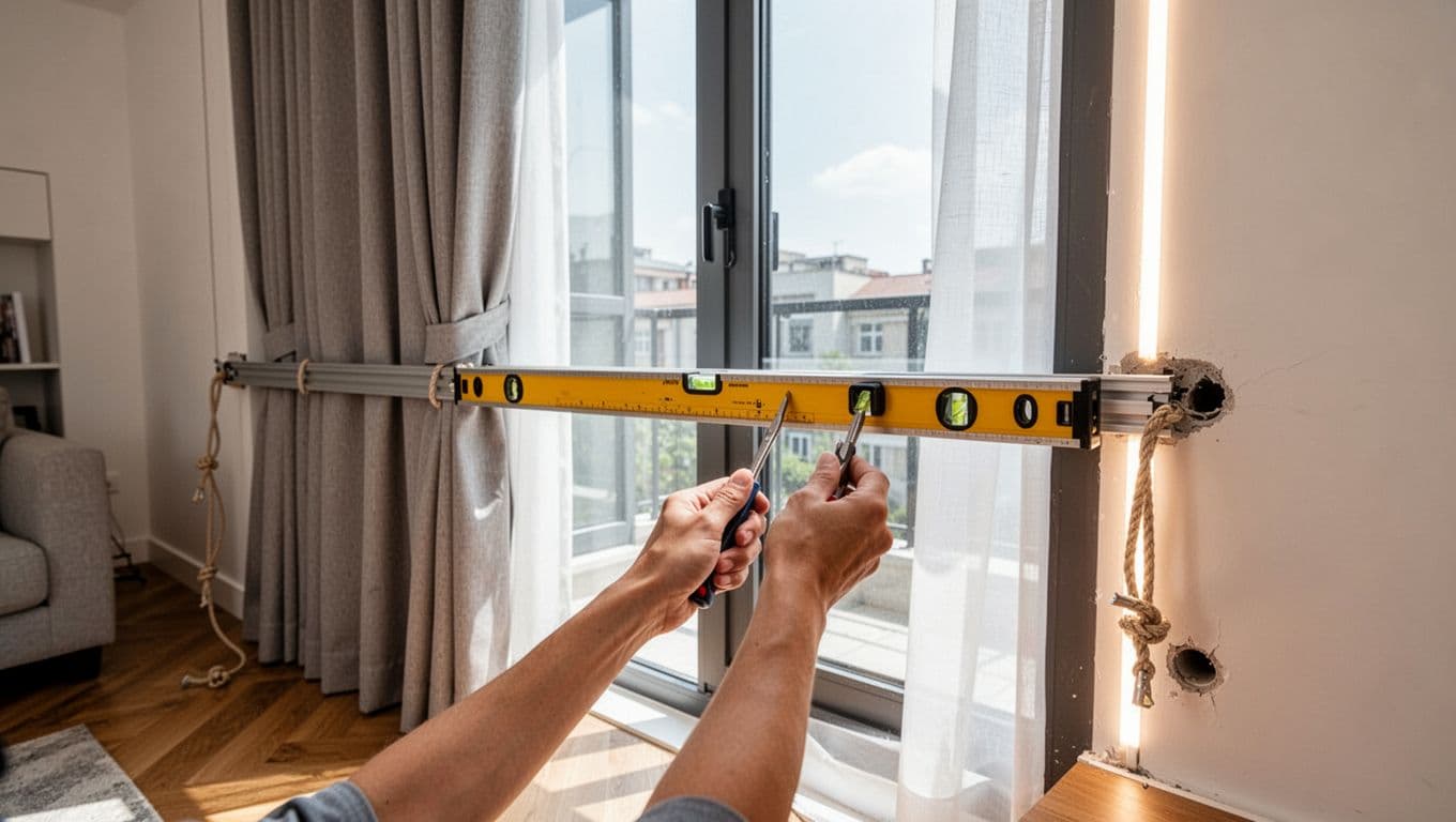 Realistic photo capturing the post-curtain installation acceptance check in a modern living room, focusing on a level tool verifying track straightness, smooth curtain pull test without snags, inspection of side light leaks and wall hole edging, with safety rope fasteners visible.