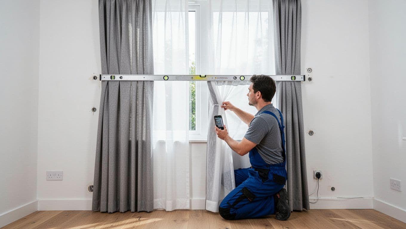Photorealistic image of one person kneeling by a window with newly installed curtains in a modern living room, using a bubble level to check track horizontality while recording smooth curtain pull with a phone, ensuring straight fabric, even height, clean edges, and neat seals.