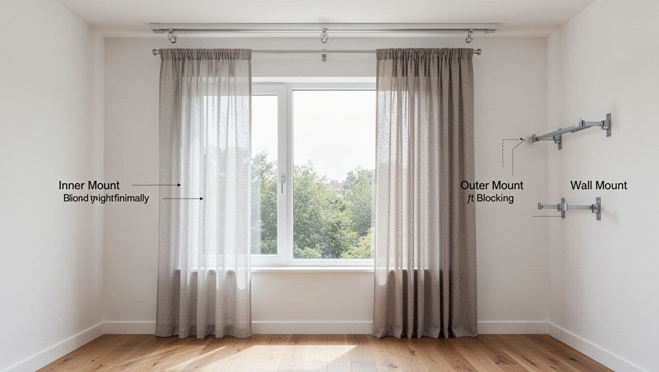A photorealistic image of a modern living room window displaying inner mount, outer mount, ceiling mount, and wall mount curtain installations, with clean white walls, wooden floor, and soft natural light.